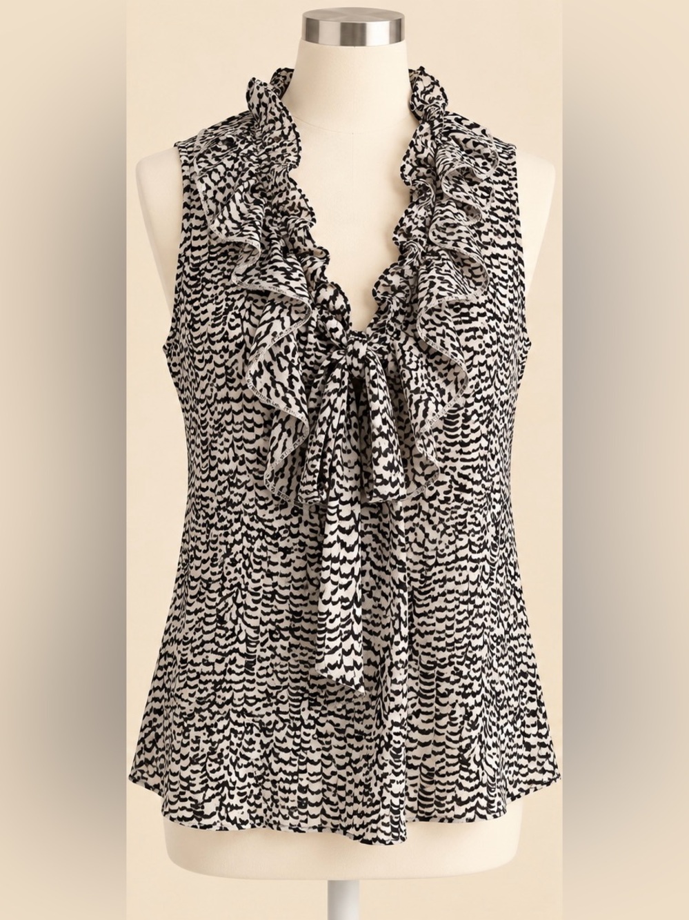 LOFT Black White Abstract Print Ruffle Tie Neck Blouse S Sleeveless